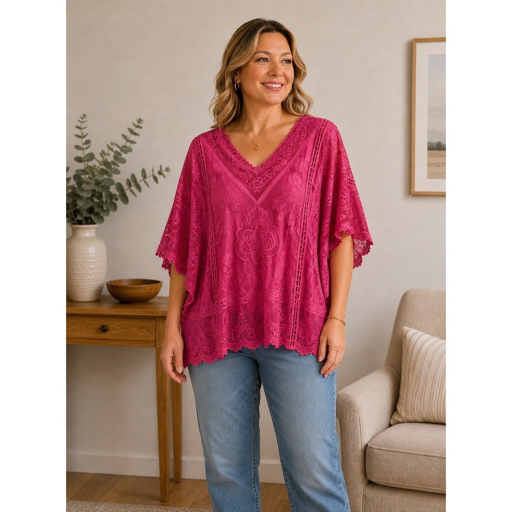 Anneliese Embroidered Crochet Blouse Women Medium Pink Sheer Boho Festival